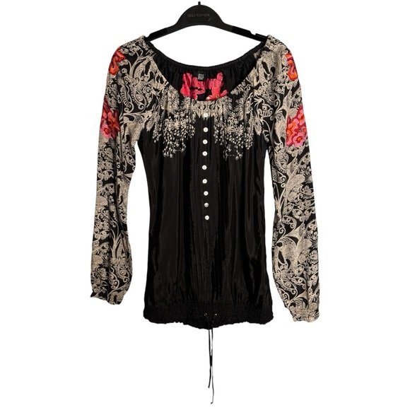 NWT Desigual Boho Blouse Size S Hippie Floral Abstract Artsy Cinch Tie Unique - Picture 1 of 16